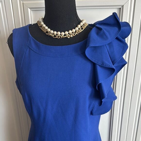Calvin Klein Royal Blue Sheath Dress with Ruffle Detail - Picture 2 of 6